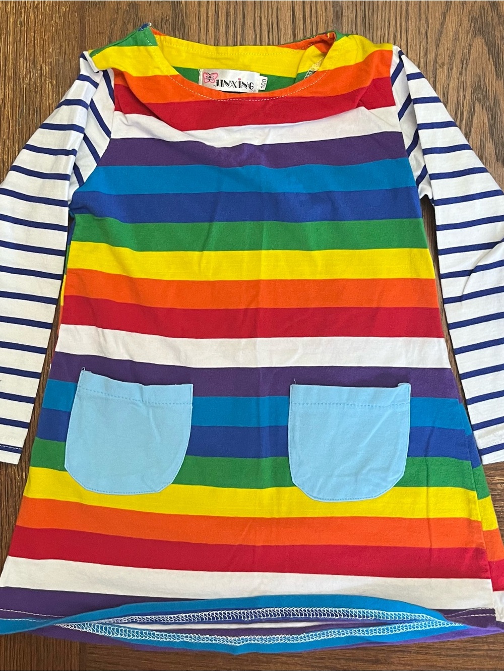 JINXING Rainbow Striped Long Sleeve Girls Dress with Pockets Size 3T/4T